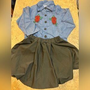 Girls set Blue Denim Top with Rose Embroidery and Black Skirt